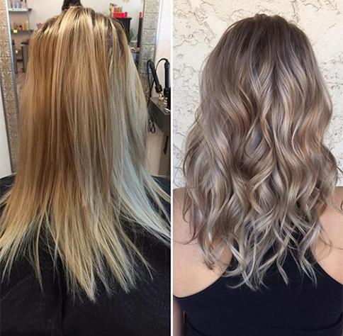 Before and after: foiled roots blended into a soft ash brown balayage at Studio One Six in Las Cruces