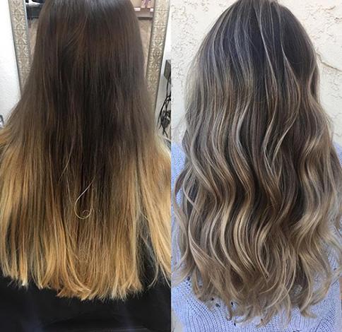 Before and after: dark box color lifted to a caramel and ash blonde balayage at Studio One Six in Las Cruces