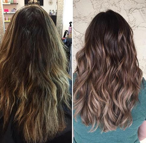 Before and after: dark brown softened into an ash brunette balayage at Studio One Six in Las Cruces